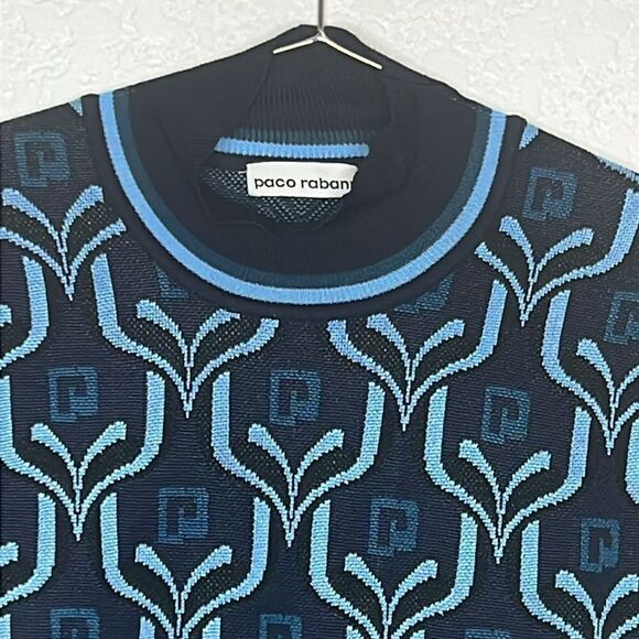 New PACO RABANNE Cropped Turtleneck Knit Top in Blue Jacquard Logo Large - Picture 6 of 16